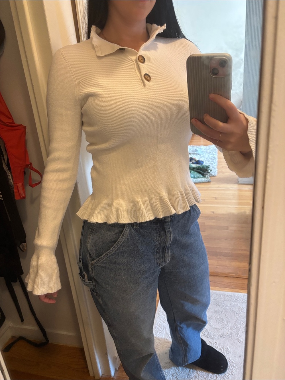 See By Chloe Cream Ruffle-Hem Long Sleeve Knit Top
